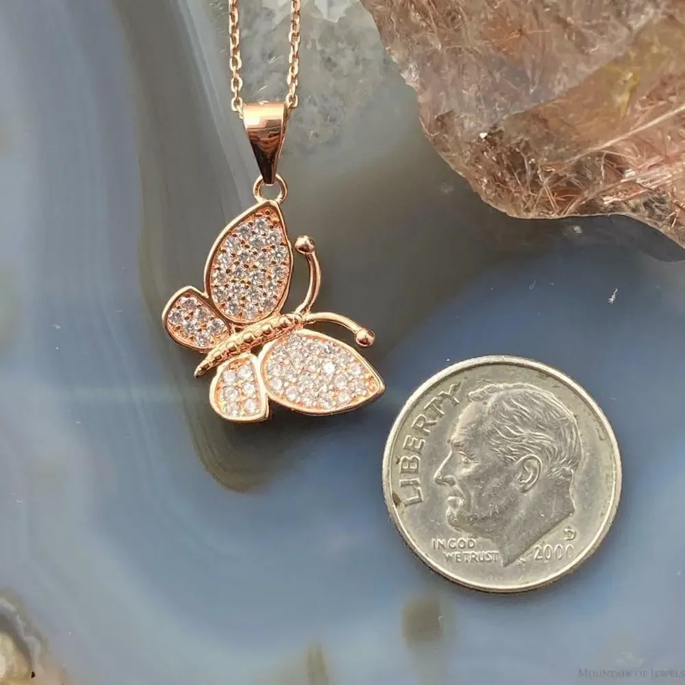 Sterling Silver Rose Coated with Cubic Zirconia Butterfly Pendant with Chain